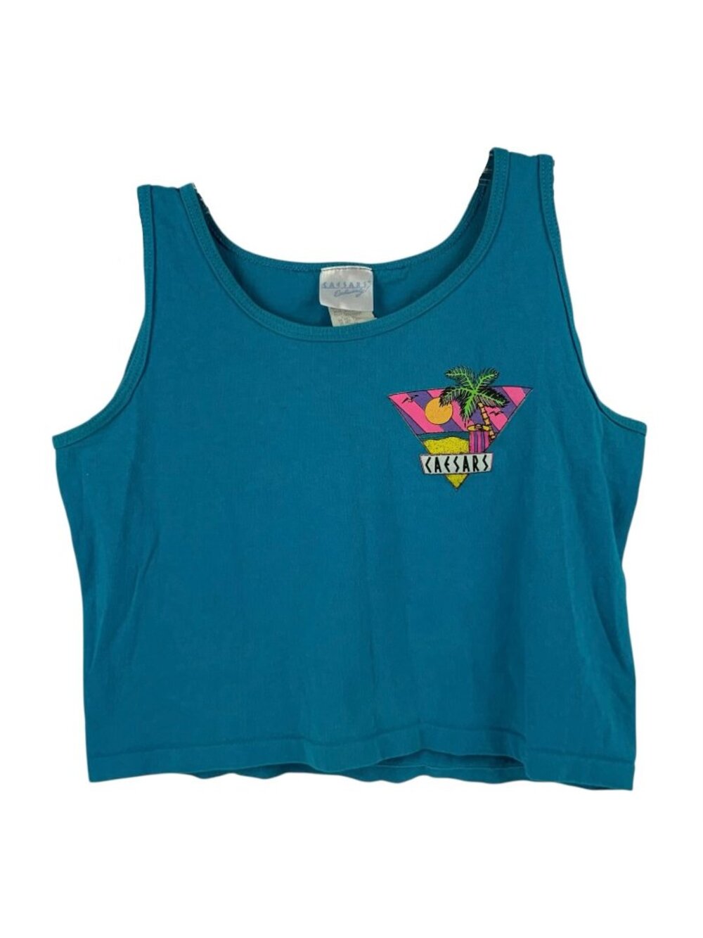 Caesars Womens Teal Tank Top With Retro Beach Logo Medium USA Cotton